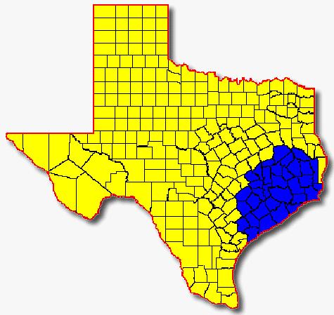 Texas map showing counties receiving Taping For The Blind radio signal