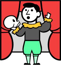 color clip art actor treading the boards carrying a skull