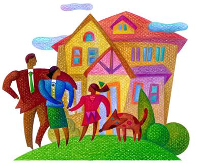 abstract image of a man, woman, girl and dog in front of their home