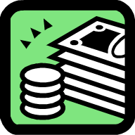 stylized money icon with stacks of bills and coins