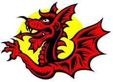 color cartoon image of a red dragon against a yellow background