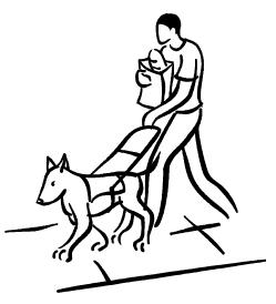 black and white line drawing of a man with groceries and a guide dog