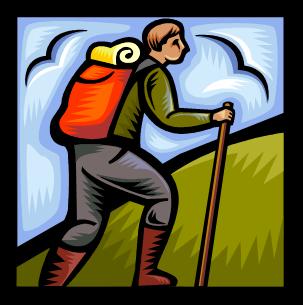 abstract color clip art of a hiker with a backpack and walking stick