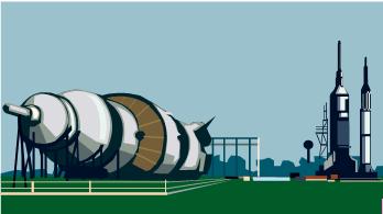 color clip art of Saturn 5 rocket in front of Johnson Space Center