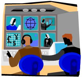 abstract color clip art image of a tv control room with technicians watching multiple screens